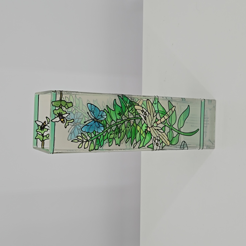 Joan Baker Designs Handpainted Glass Art Vase Green Butterfly Insect Details